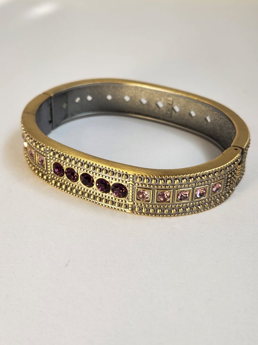 Vintage Amethyst Crystal Antiqued Gold Tone Hinged Bangle Bracelet